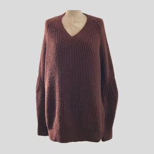 All Saints Brown Neutral Wool V Neck Chunky Knit Sweater Pullover L